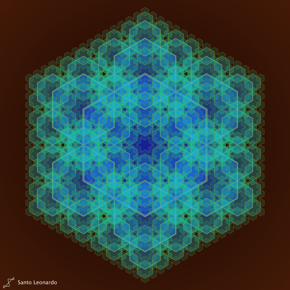 LeonArTech's tweet photo. Overlapped hexagons fractal, made for #genuary2024 day10  "Hexagonal".
5 levels; 1555 hexagons = sum(6^i) i = 0,4. Color in Hue, Saturation, Brightens, Alpha is a function of level.
#genuary #genuary10 #digitalart #generativeart #mathart #math #ceativecoding https://t.co/4EwSyoxjPJ