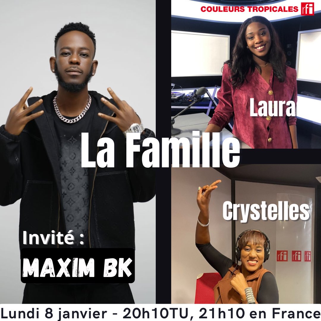 CoulTropicales's tweet photo. CE SOIR la famille de Couleurs Tropicales reçoit le rappeur guinéen 🇬🇳 #MaximBK à l’occasion de la sortie de son premier album « Aleph », disponible depuis le 30 décembre.
Rendez-vous à 20h10TU, 21h10 en France sur @RFI avec @Claudy_Siar Laura Mbk et Crystelles Yohou. https://t.co/U3h6ZsJR5u