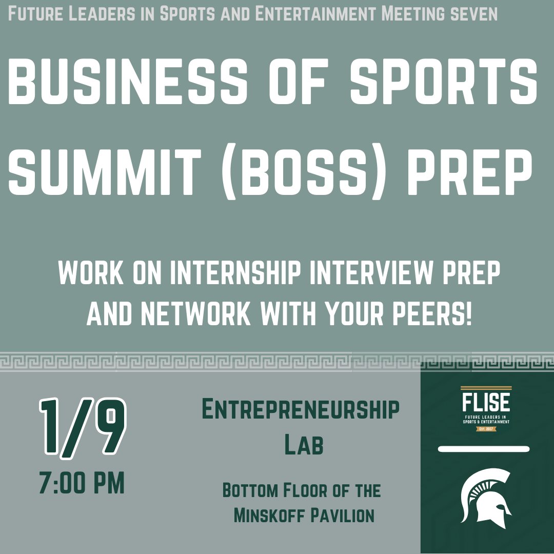 MSUFLISE's tweet photo. Happy first day of classes FLISE members! Join us tomorrow for our first meeting of the spring semester! We will be preparing for the Business of Sports Summit (BOSS) on January 19th! This will include preparation for interviews, networking, and many more tips and tricks!✅ https://t.co/zz7P1PdUtQ
