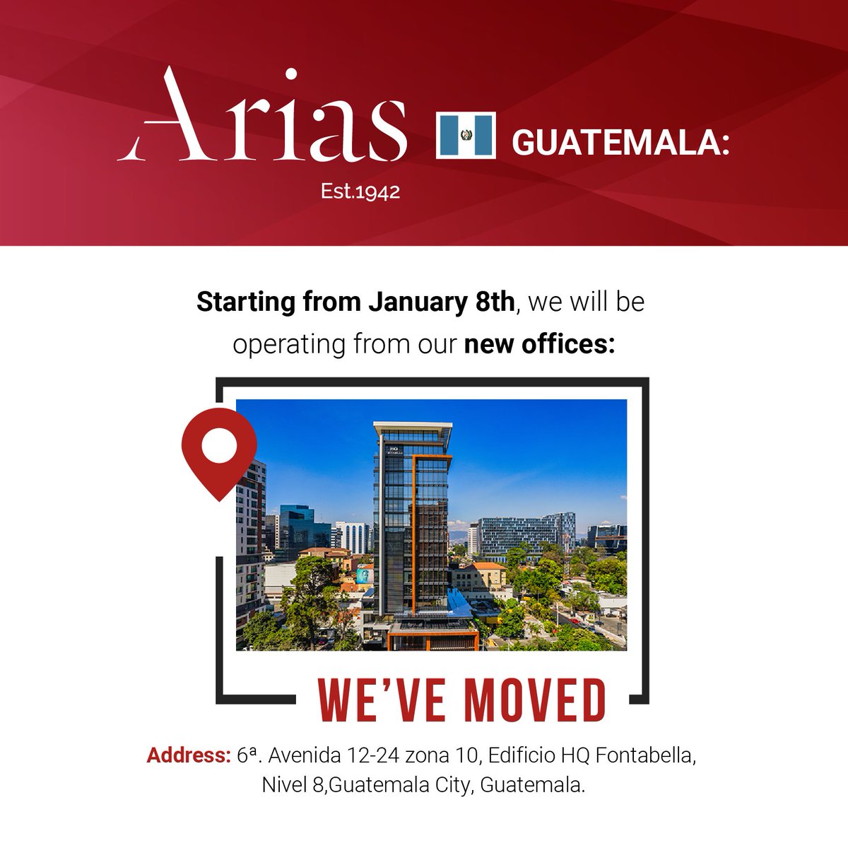 AriasLawFirmCA's tweet photo. We are excited to announce that, thanks to our solid growth in Guatemala, we are moving to new offices! Starting from January 8th, you can find us at our new address: 6ª. Avenida 12-24, zona 10, Edificio HQ Fontabella, Nivel 8, Ciudad de Guatemala.
#SiempreArias #OneStepOneStop https://t.co/yLRCpJx0VK