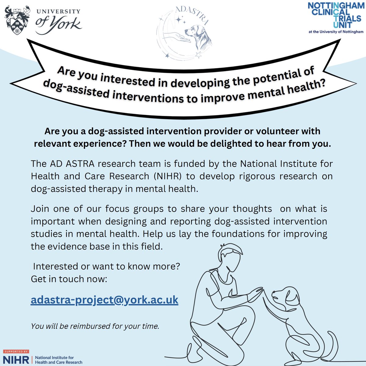 📢 RECRUITING NOW! We are looking for dog-assisted intervention (DAI) providers 🦮. We'd love to hear your thoughts on how we can improve DAI research. Email us at adastra-project@york.ac.uk to express interest! #DogAssistedIntervention #research @HumanAnimalYork