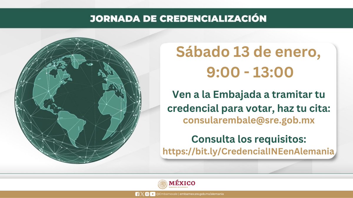 EmbaMexAle's tweet photo. 🗓️El sábado 13 de enero, ven a @EmbaMexAle a tramitar tu credencial para votar @INEMexico, y participa en las elecciones de este 2024 con tu @VotoExtranjero 🗳️

🔎Conoce los detalles: https://t.co/gqVUDTfMGO 
📩Pide tu cita: consularembale@sre.gob.mx 
💡Recuerda traer tus documentos en original y copia.