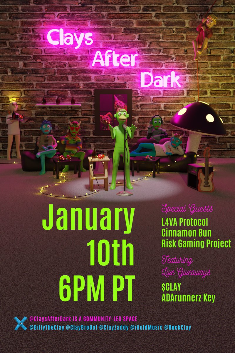 ClaysAfterDark's tweet photo. Clays After Dark is keeping the MOMENTUM in 2024 with another GREAT lineup this week! We’ll see YOU 🫵 there!!

Guests:

@lava_protocol 
@Cinnamon__Bunnn 
@RiskCoinAda 

Set your reminders!

https://t.co/7IGUhfRwtl https://t.co/yCfpgCVHYC