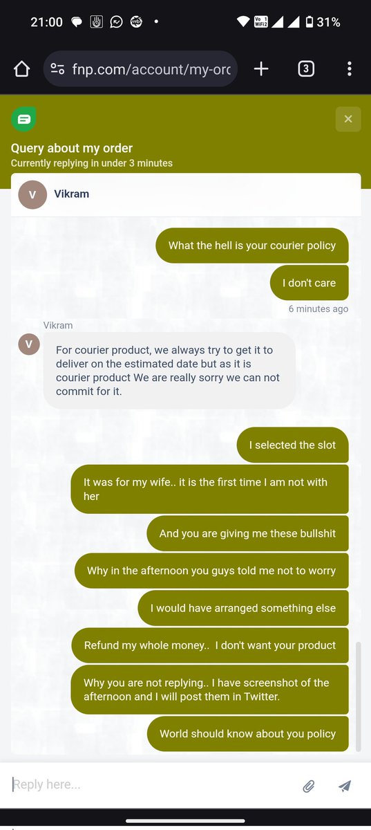 __imAbhi__'s tweet photo. @fnp_ind why you promise if you can't deliver. And your customer executives are the most stupid people, they keep hanging me till birthday got over. 
Order ID #49075315
Sub Order ID #4907531501

Just tell me what I will do with the order after the birthday. https://t.co/r45o3yEk6y
