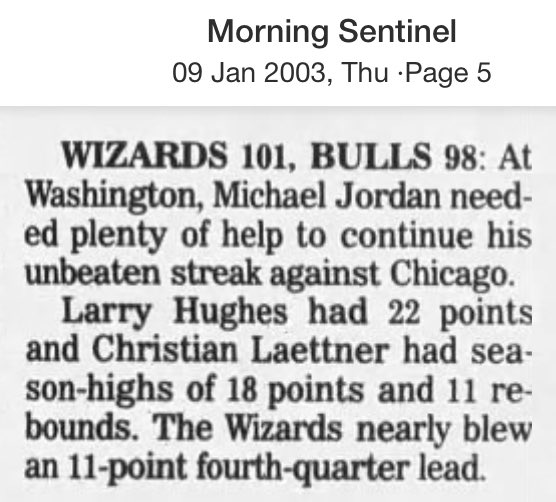MythNix's tweet photo. #OTD, 1/8/03
The Wizards beat the Bulls, despite MJ disappearing.

MJ scored 14 points on 13 shots, and scored ZERO POINTS IN THE LAST 18 MINUTES.

Laettner scored 14 in that stretch.

Once again, MJ blamed his bad play on being sick.

It’s EVERY time, right? So many excuses! 😳 https://t.co/RmyzfQiago