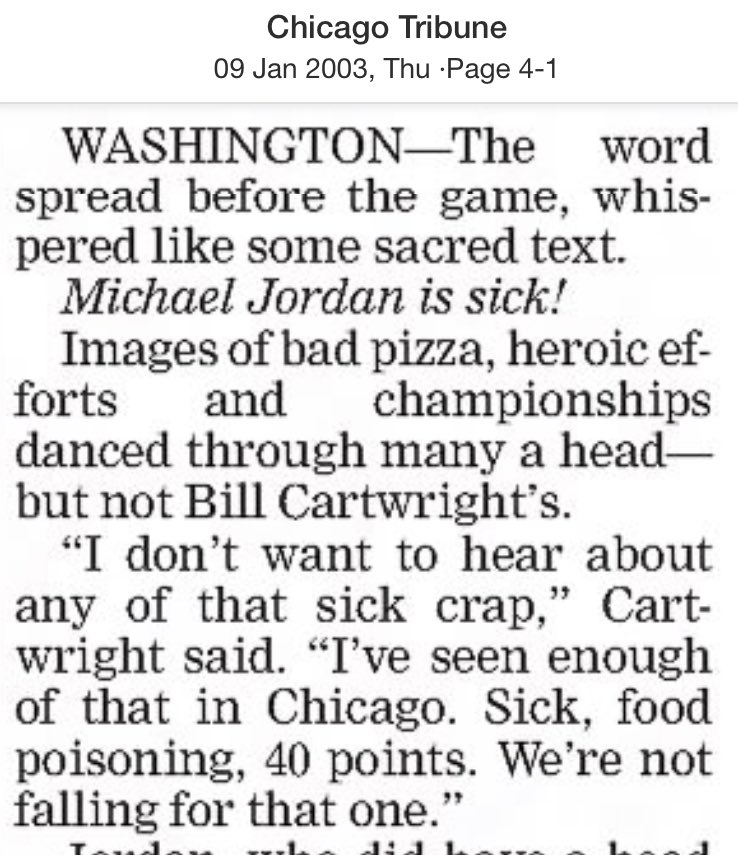 MythNix's tweet photo. #OTD, 1/8/03
The Wizards beat the Bulls, despite MJ disappearing.

MJ scored 14 points on 13 shots, and scored ZERO POINTS IN THE LAST 18 MINUTES.

Laettner scored 14 in that stretch.

Once again, MJ blamed his bad play on being sick.

It’s EVERY time, right? So many excuses! 😳 https://t.co/RmyzfQiago