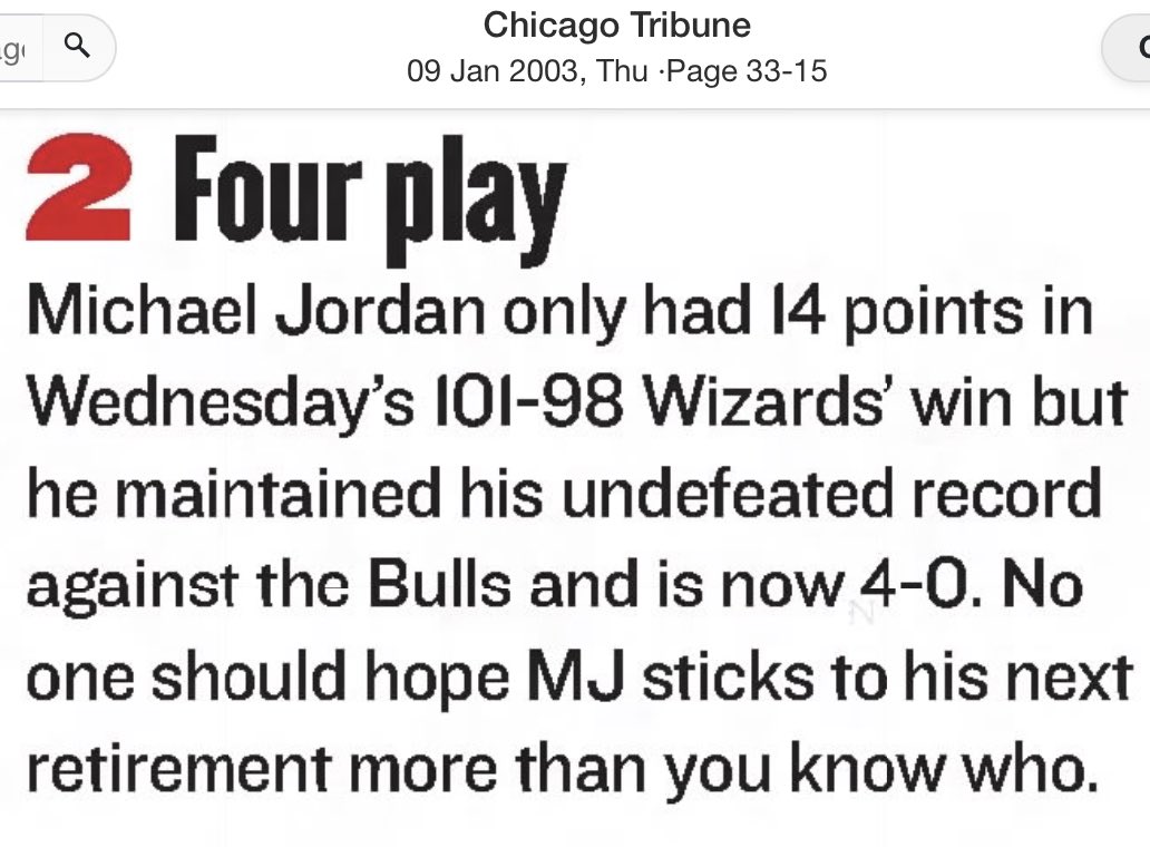 MythNix's tweet photo. #OTD, 1/8/03
The Wizards beat the Bulls, despite MJ disappearing.

MJ scored 14 points on 13 shots, and scored ZERO POINTS IN THE LAST 18 MINUTES.

Laettner scored 14 in that stretch.

Once again, MJ blamed his bad play on being sick.

It’s EVERY time, right? So many excuses! 😳 https://t.co/RmyzfQiago