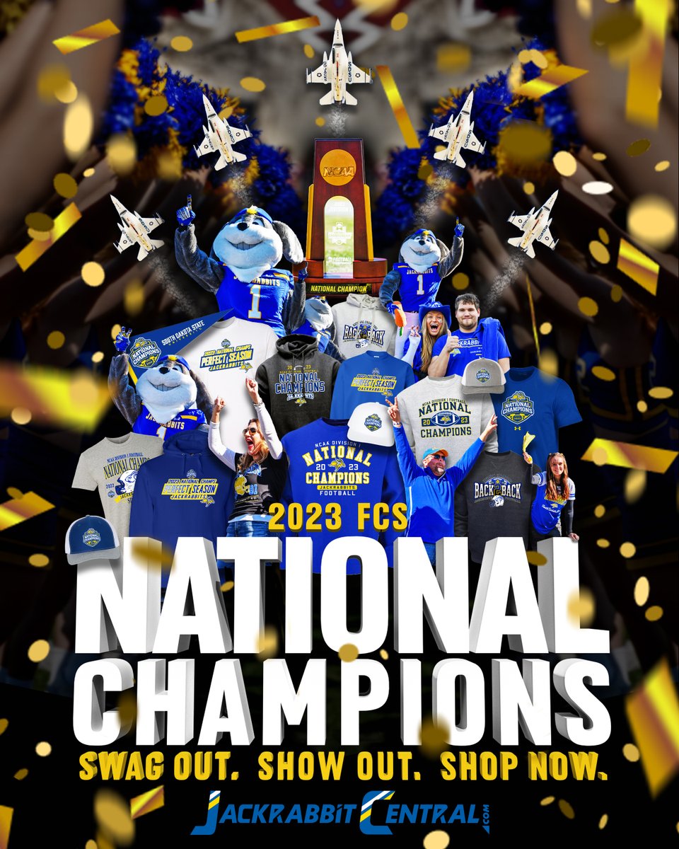 jacks_central's tweet photo. Victory never looked so good! 🏆🔥
Step into champion style with our exclusive 2023 FCS National Champions gear!
-
https://t.co/GnnT9rCaeU
-
#SDState #JacksCentral #GoJacks #EarsUp #NationalChamps #FCS #Frisco #MVCF https://t.co/WkiYAIwB0b