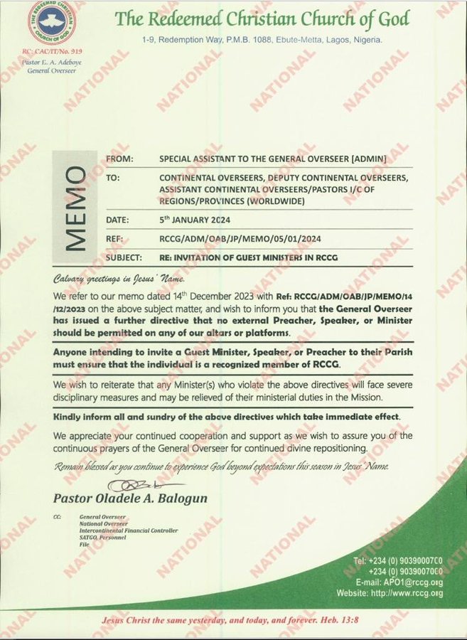 RCCG Bans Invitation OF Non-Members, Pastors As Guest Ministers, Threatens Heavy Punishment On Violators- primenaija.com