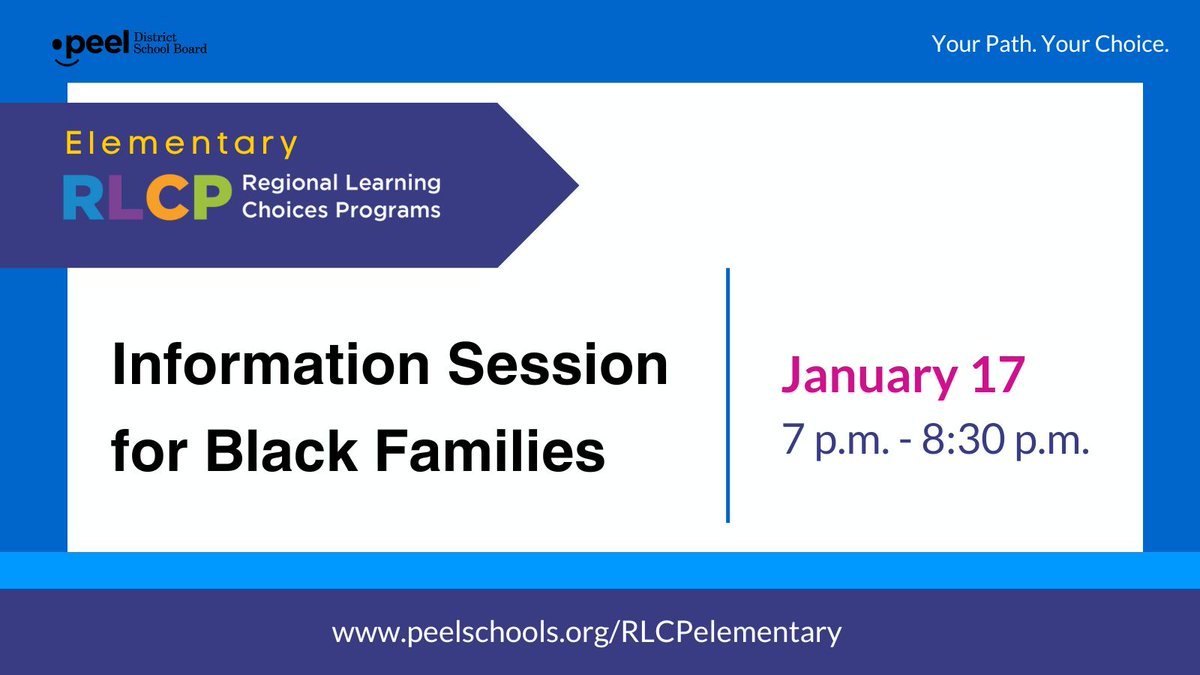 Parents/guardians of PDSB African, Black, and Afro-Caribbean students are invited to attend an upcoming information session on Elementary Regional Learning Choices Programs. Join the virtual information session on: Jan. 17 from 7 p.m. – 8:30 p.m. peelschools.org/elementary-reg…