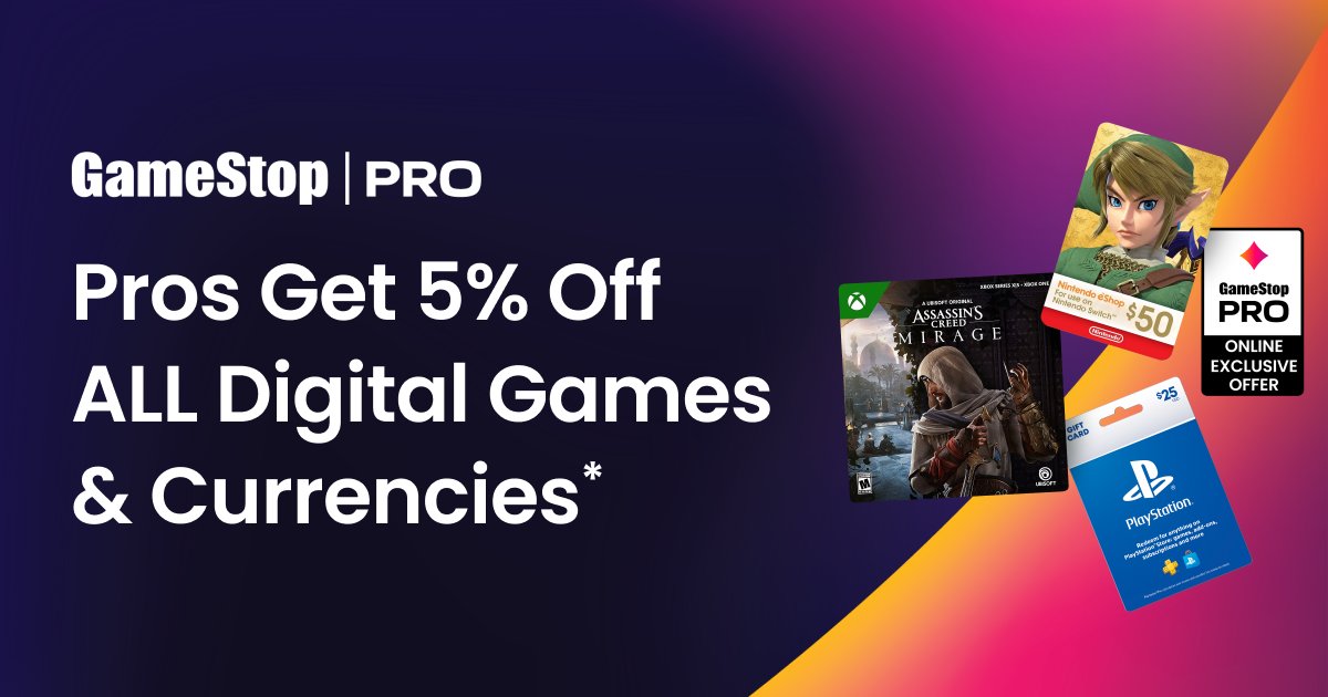 Happy Monday, Pros! 
Get 5% off ALL digital games & currencies! 
Stock up on digital games, virtual currencies, subscriptions, add-ons, & digital pre-orders. 
Shop online now: bit.ly/463fMze
#GameStop #GameStopPro #DigitalCurrencies #DigitalGames