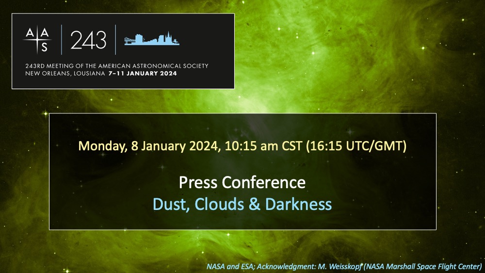 #AAS243 press conference “Dust, Clouds & Darkness” begins at 10:15 am CST in Room 229. See the speaker lineup at aas.org/meetings/aas24… and watch live on YouTube at youtube.com/c/AASPressOffi…