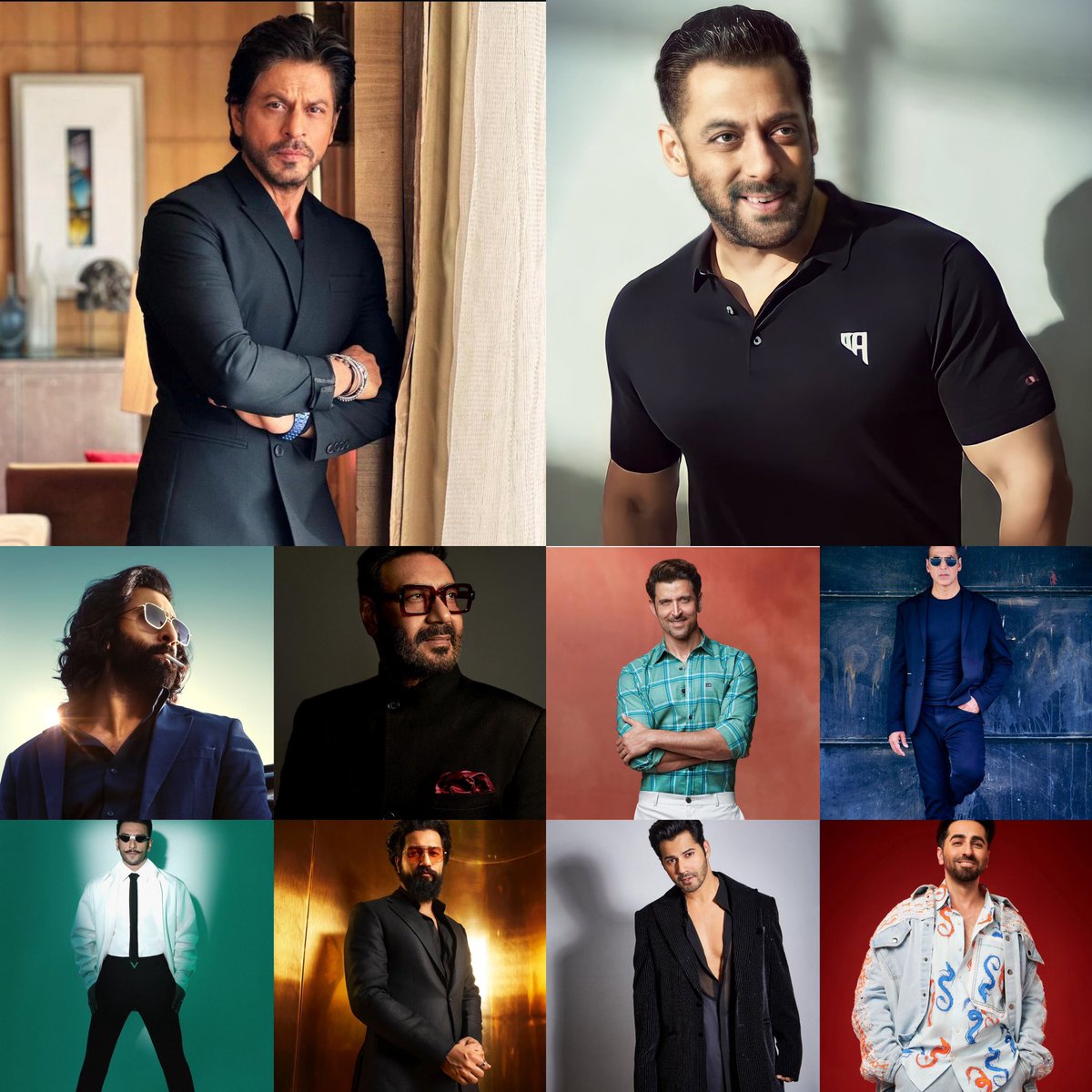 SumitkadeI's tweet photo. Top Actors Of Hindi Cinema Right now as per their box office pull & performance in last 5 Years . 

1 - #ShahRukhKhan 
2 - #SalmanKhan 
3 - #RanbirKapoor 
4 - #AjayDevgn
5 - #HrithikRoshan  
6 - #AkshayKumar
7 - #RanveerSingh 
8 - #VickyKaushal
9 - #AyushmannKhurrana  
10 - #VarunDhawan