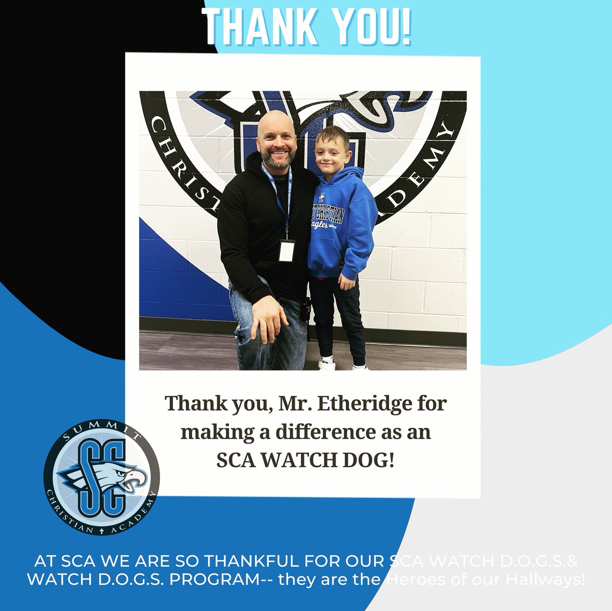 summitacademye1's tweet photo. Thank you Mr. Etheridge for sharing your time and day with SCA on January 5 and volunteering as an SCA WATCH DOG. This is such a blessing to our school and YOU are making a difference in our school and in the lives of the students!! THANK YOU! #SCACommunity #SCA2324 https://t.co/9zbrKtdajZ
