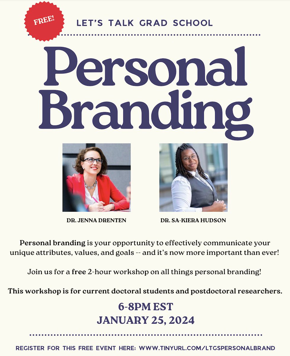 🚨Free Personal Branding workshop for PhD students/postdocs🚨 Knowing how to communicate your unique attributes, values, & goals (verbally, online) is so important. Don't miss this opportunity to learn from @jennadrenten & @Sakiera_Hudson! Jan 25 @ 6-8pm ET | Reg link in flyer