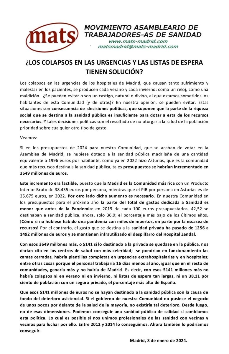 Los colapsos en las Urgencias tienen solución. Si #ComunidadDeMadrid dedicase a la sanidad pública 1996 € por persona, como Asturias hizo ya en 2022, no habría colapsos en Urgencias y se reducirían las listas de espera. @Sanpubl_CLineal @DeIndignadxs @ElSaltoDiario @FonsiLoaiza