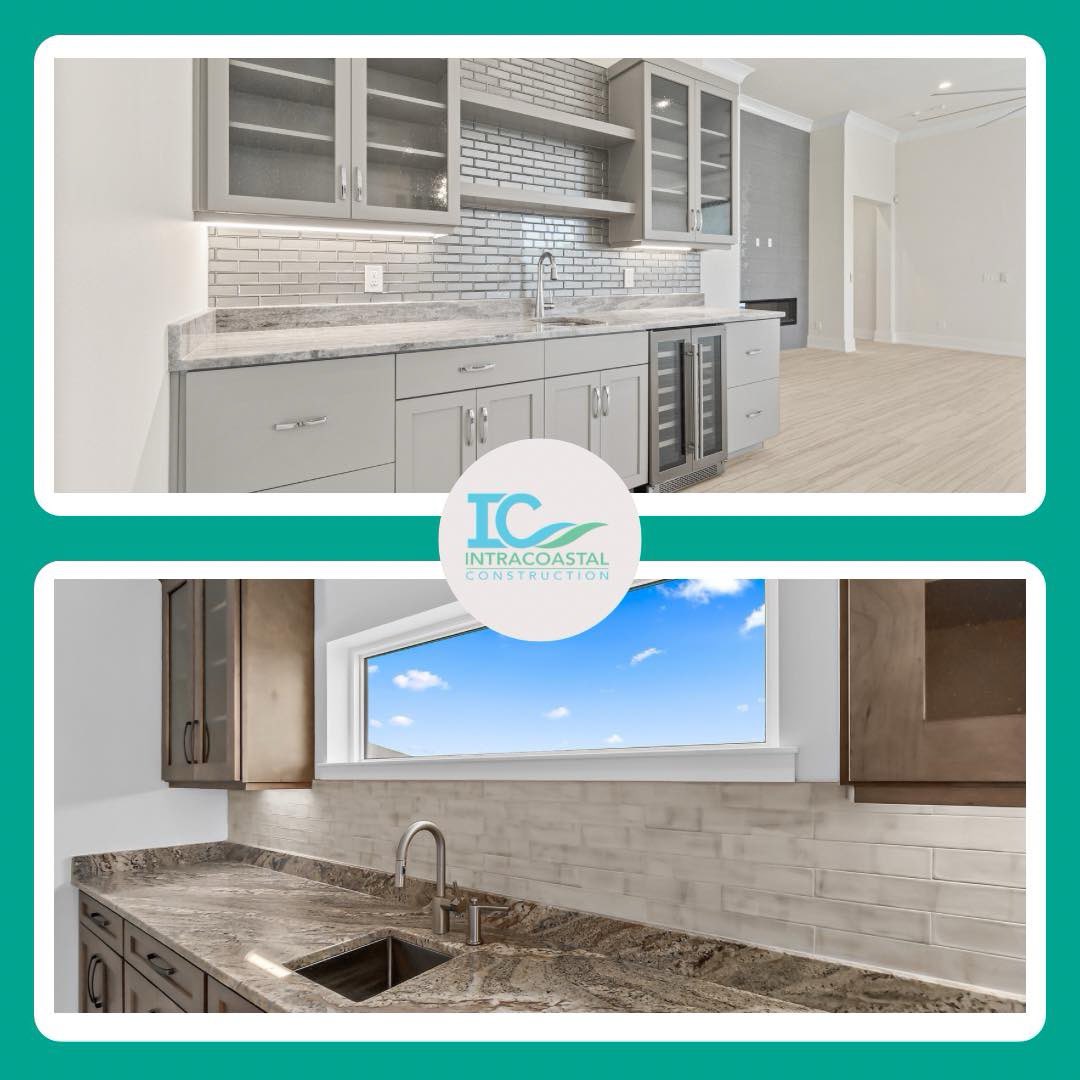 A wet or dry bar can be useful, especially if the kitchen is on a separate floor. Some clients like a traditional look while other like a little pizzazz. #wetbar #backsplash #window #cabinet #beveragefridge #granite #intracoastalconstruction #luxurybuilder #flaglerbeach