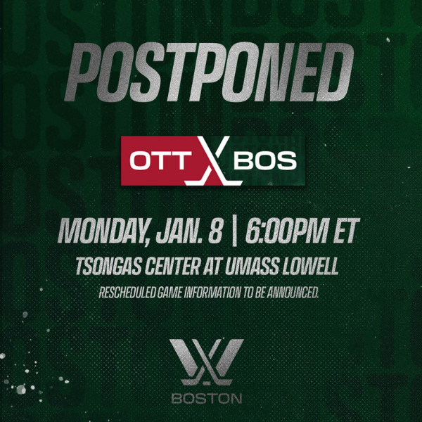 The PWHL has announced that tonight’s scheduled game between Ottawa and Boston, at the Tsongas Center at UMass Lowell, has been postponed due to inclement weather that impacted player travel. More information: bit.ly/3vkNQdm 🎟️ FAQ: bitly.ws/398ye