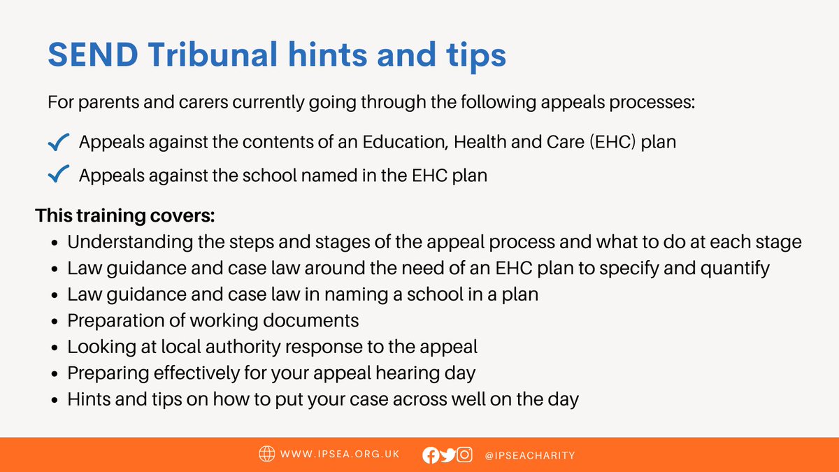 Parents and carers 📢 We have a handful of places available on our upcoming 'SEND Tribunal hints and tips' workshop on 8 Feb. Places are £65, but we also have funded places available if you aren't able to access a full-cost place. To book, visit: ipsea.org.uk/Event/send-tri…