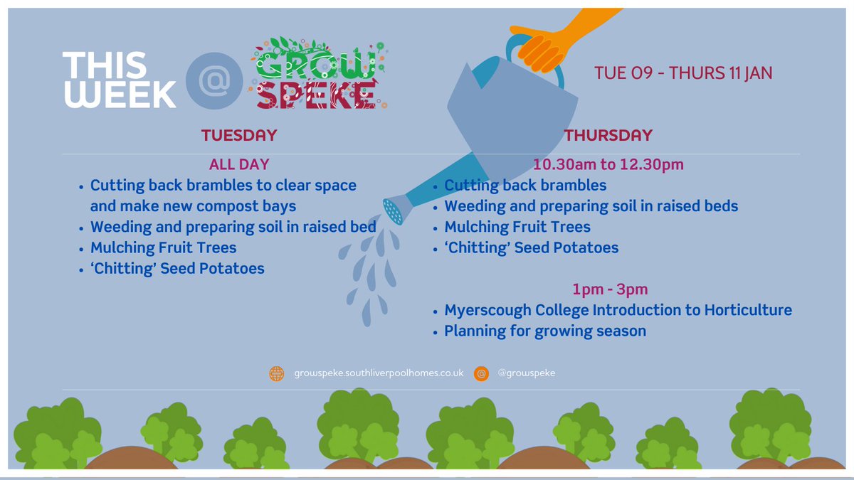 We're back - with lots you can do at @GrowSpeke this week, whether it's doing a bit of gardening work, getting involved in our planning, or learning about horticulture. Drop in - it would be lovely to see you. 😀 @SLH_Homes