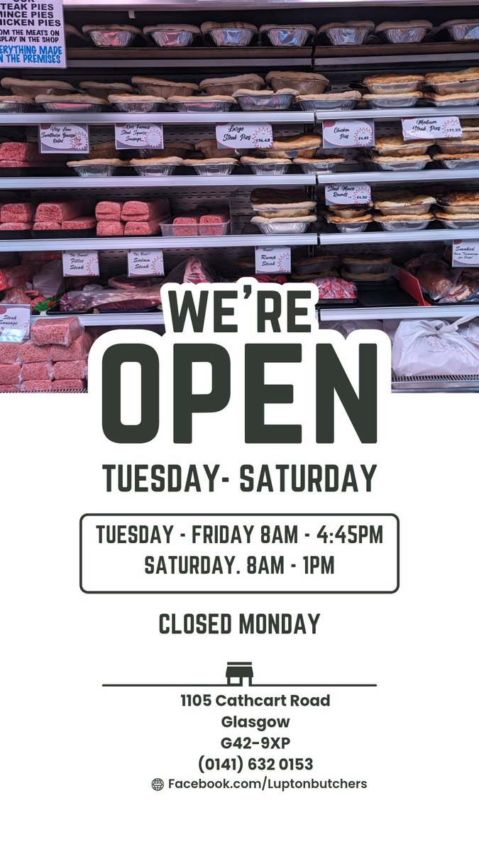 LuptonButchers's tweet photo. Holidays are over,
Just to let everyone know, we reopen tomorrow Tuesday 9th January 8am.
Looking forward to seeing old and new customers in 2024.

Shops opening hours remain the same. https://t.co/8UOIdGcXpC