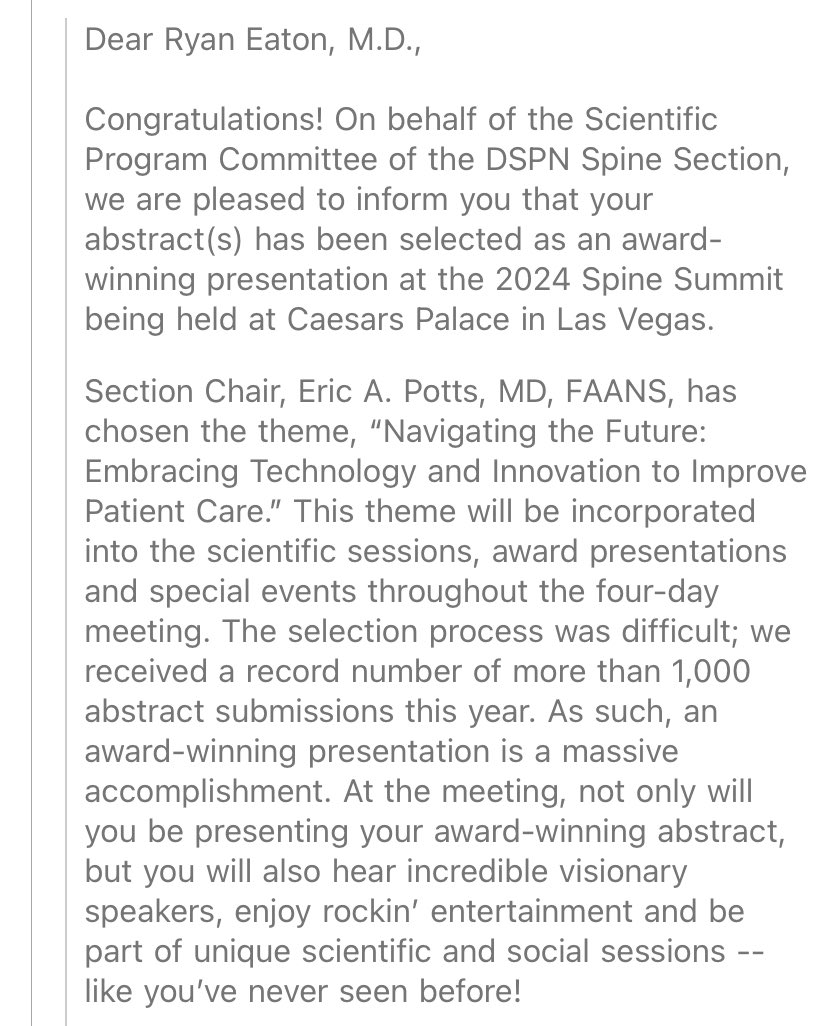 ryeaton1992's tweet photo. Honored and humbled to have our work selected as an award winning presentation for this year’s spine section meeting in Las Vegas, Nevada! @VikMunjal @AJGrossbach @ViljoenMd @DavidSXu @CaesarsPalace @spinesection https://t.co/7P6gFcjPzI