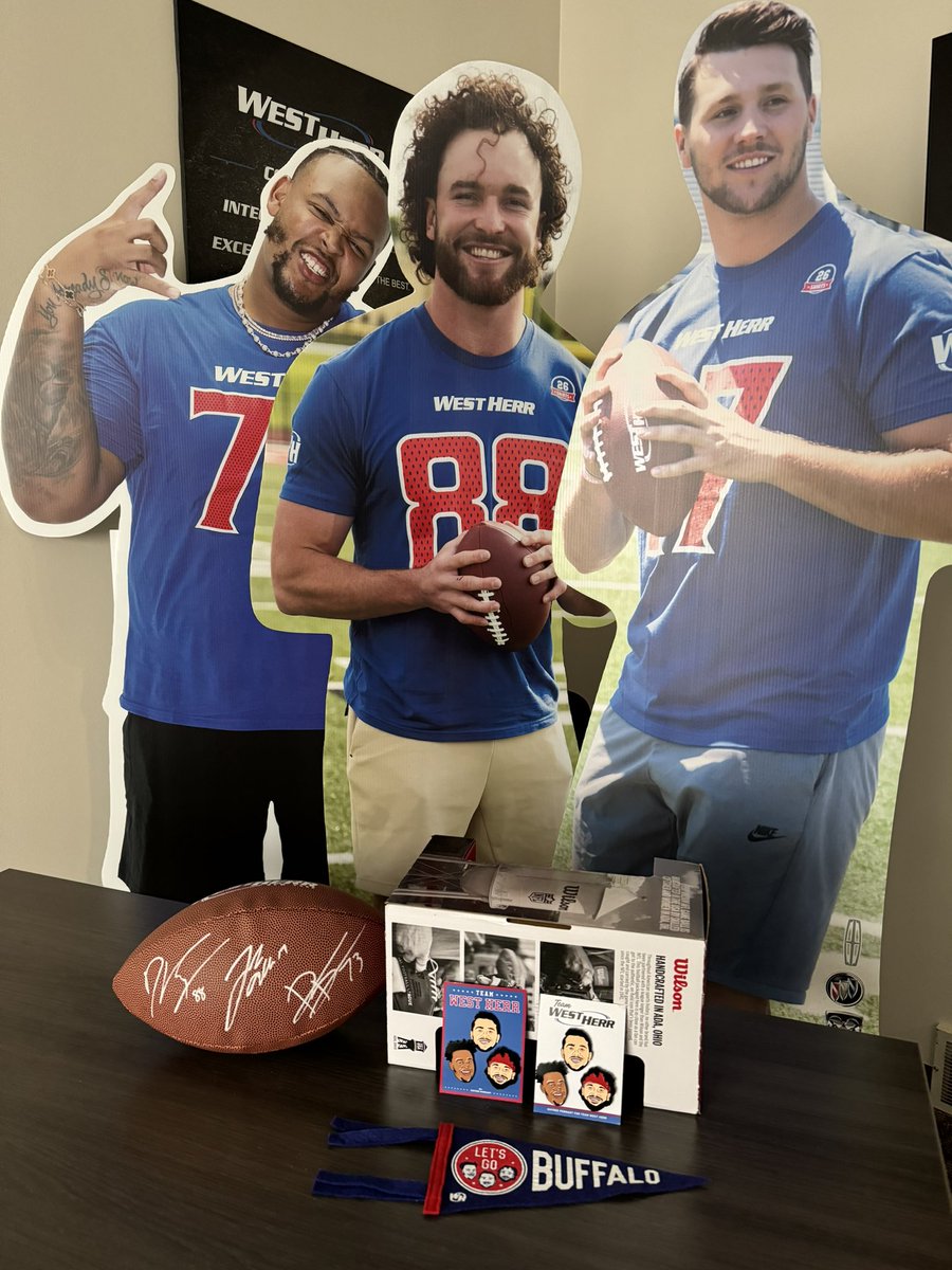 🚨 #VictoryMonday 🚨 - To celebrate #Buffalo’s division title, we are giving away a #TeamWestHerr prize pack including an autographed football, pin sets, pennant and cutouts! 🏈 🎉 To enter, just RT & make sure you are following us! Winner announced 1/10/23 💙❤️