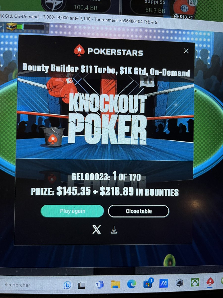 Gelvx23's tweet photo. 🥇🥇
Bounty builder $11 turbo, $1k Gtd

#poker #pokeronline #pokerstars #pokerlife 

@PokerStars https://t.co/erOqGzXvP7