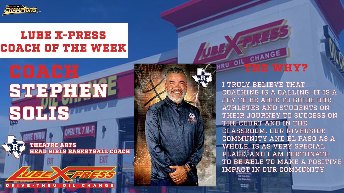 YISDAthletics1's tweet photo. This weeks LubeXpress Coach of the Week is Riverside High Schoolβs Coach Solis! Thanks for all you do to bring that Spirit to YISD. @YsletaISD @YISDCFO @DeXavierluke @vlara_82 https://t.co/TlpjA7eV5j