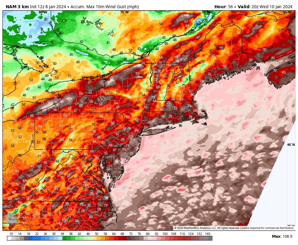wxreboot's tweet photo. The next system our team is watching will be moving over the Eastern Seaboard early tomorrow morning into Wednesday. The main threat with this storm will be the risk for substantial flooding (1 - 4” of rain) and high wind gusts (50 -60mph) which could cause widespread power outage issues closer to the coastal areas.