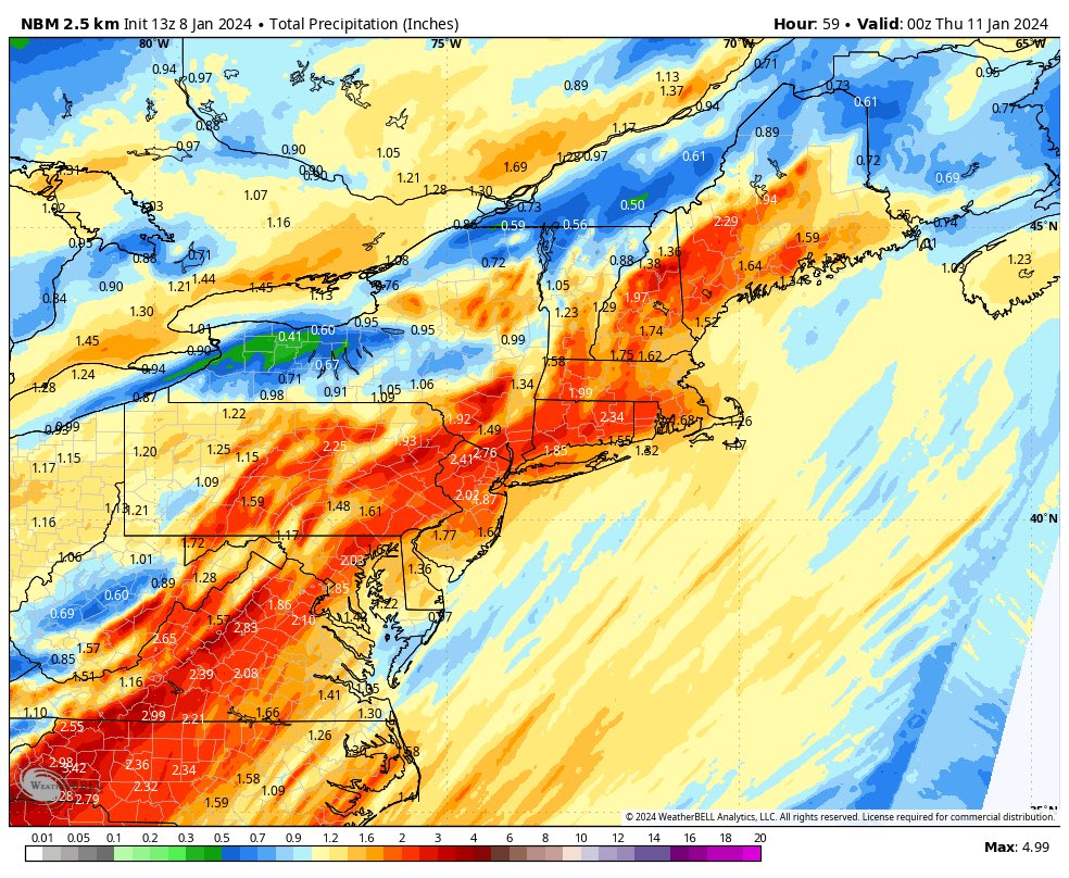 wxreboot's tweet photo. The next system our team is watching will be moving over the Eastern Seaboard early tomorrow morning into Wednesday. The main threat with this storm will be the risk for substantial flooding (1 - 4” of rain) and high wind gusts (50 -60mph) which could cause widespread power outage issues closer to the coastal areas.