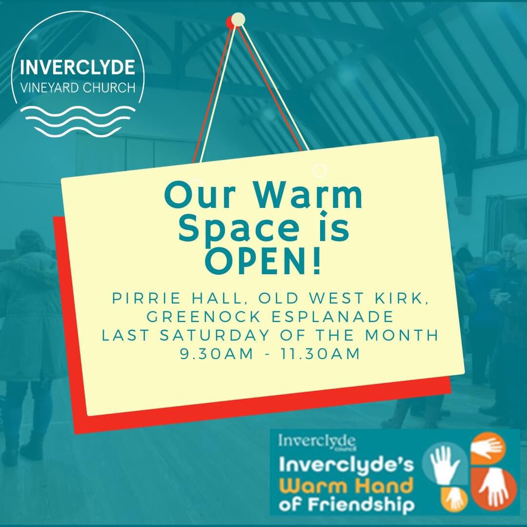 We’re opening a monthly Warm Space the last Saturday of each month Jan-Mar! All ages welcome, come along and enjoy a free cuppa in our new venue whilst you're out &amp; about! Funded by <a href="/inverclyde/">Inverclyde Council</a> 

📅 Sat 27th Jan 9.30am-11.30am
📍 Pirrie Hall, Old West Kirk, Greenock Esplanade