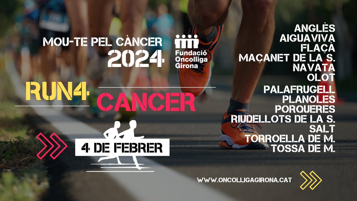OncolligaGi's tweet photo. 🏃‍♀️🏃El pròxim 4 de febrer mou-te amb nosaltres pel càncer! Tretze poblacions gironines s'han sumat a una nova edició de la cursa solidària #Run4Cancer, tria la  teva!  Inscripcions obertes! #DiaMundialcontraelCancer
👉https://t.co/bPJETJXLr0 https://t.co/8wpA56gqqy