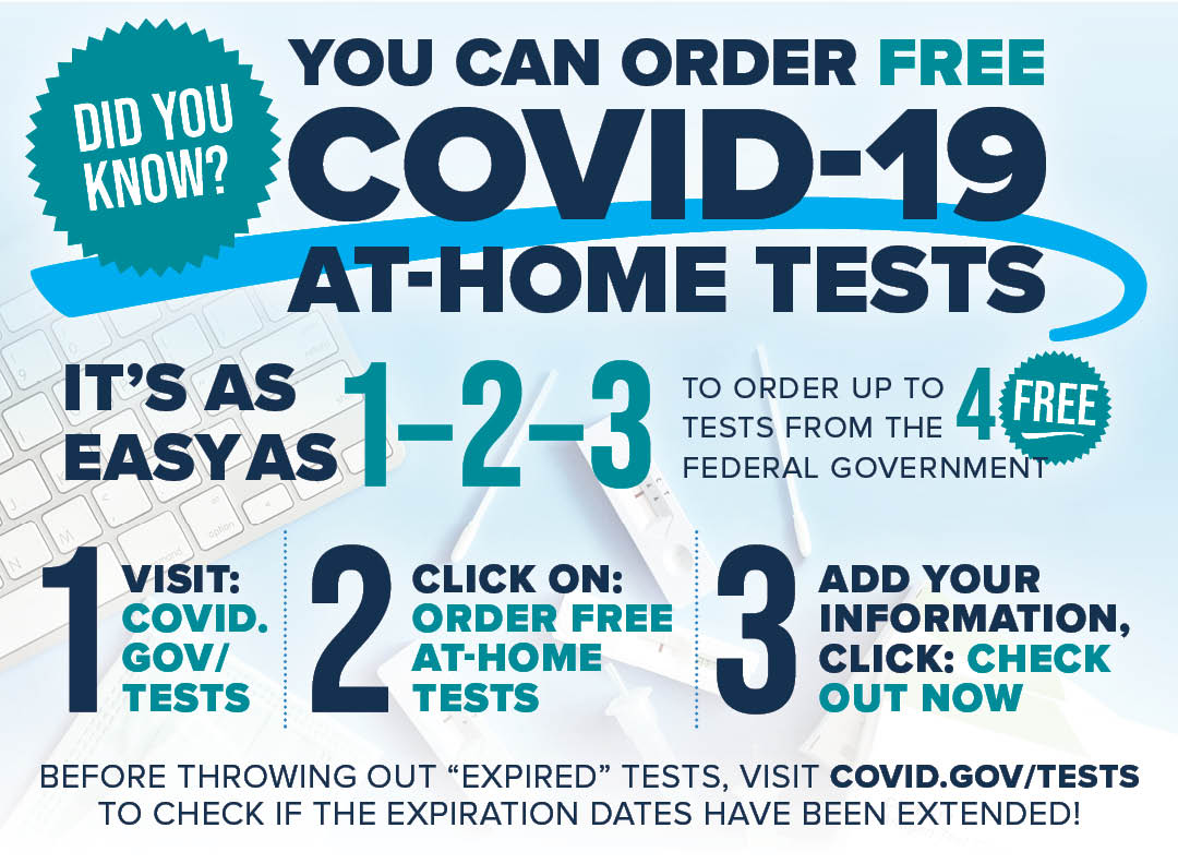 #DYK you can order free #COVID19 at-home tests? It's as easy as 1-2-3! 1- Visit covid.gov/tests 2- Click: Order Free At-Home Tests. 3- Add your information, then click: Check Out Now. You're done! #GetTested #CSHC