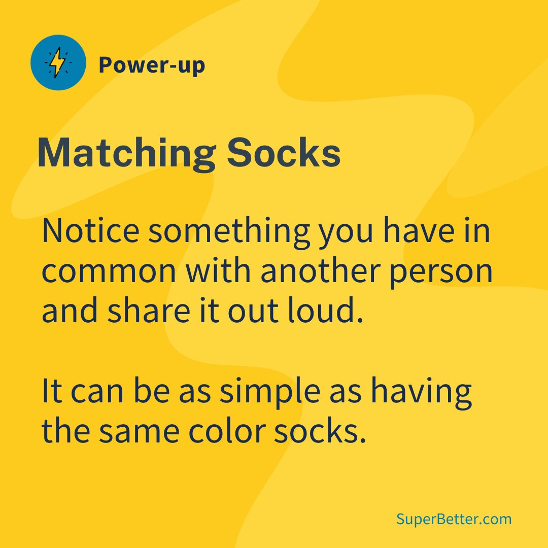 SuperBetter's tweet photo. #Powerup when you notice you both share something in common! 

#MatchingSocks #SocialConnection #Relationships #Friends https://t.co/Qo533c6Ioj