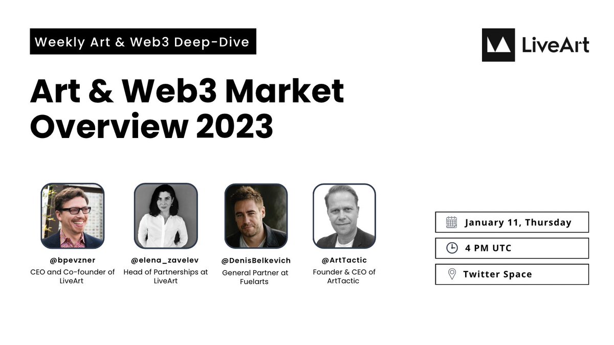 LiveArt (@liveartx) on Twitter photo Join us for a deep dive into the Art & #Web3 Market Overview 2023! Exciting insights await with experts <a href="/Elena_Zavelev/">Elena Zavelev</a>, <a href="/bpevzner/">Boris Pevzner</a>, <a href="/DenisBelkevich/">Denis Belkevich</a>, <a href="/fuelartsnyc/">FUELARTS</a>, Anders Petterson, and <a href="/ArtTactic/">ArtTactic</a>.
🗓️ Save the date: Thursday, January 11 at 4 PM UTC.
🔔 Set your reminder now! Join us for a deep dive into the Art & #Web3 Market Overview 2023! Exciting insights await with experts <a href="/Elena_Zavelev/">Elena Zavelev</a>, <a href="/bpevzner/">Boris Pevzner</a>, <a href="/DenisBelkevich/">Denis Belkevich</a>, <a href="/fuelartsnyc/">FUELARTS</a>, Anders Petterson, and <a href="/ArtTactic/">ArtTactic</a>.
🗓️ Save the date: Thursday, January 11 at 4 PM UTC.
🔔 Set your reminder now!