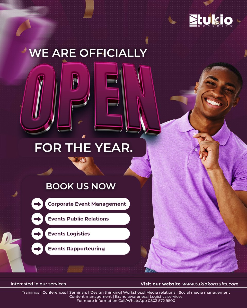 TKonsults's tweet photo. Officially Open for New Year Gigs. 

Tukio is your one-stop solution for your Corporate event planning, Event logistics and Public relations. 

We deliver excellence and a unique experience for your events. 

Contact us today!

https://t.co/pz0dO0uW3e

#Tukio #Eventplanner https://t.co/QH17kY6poD