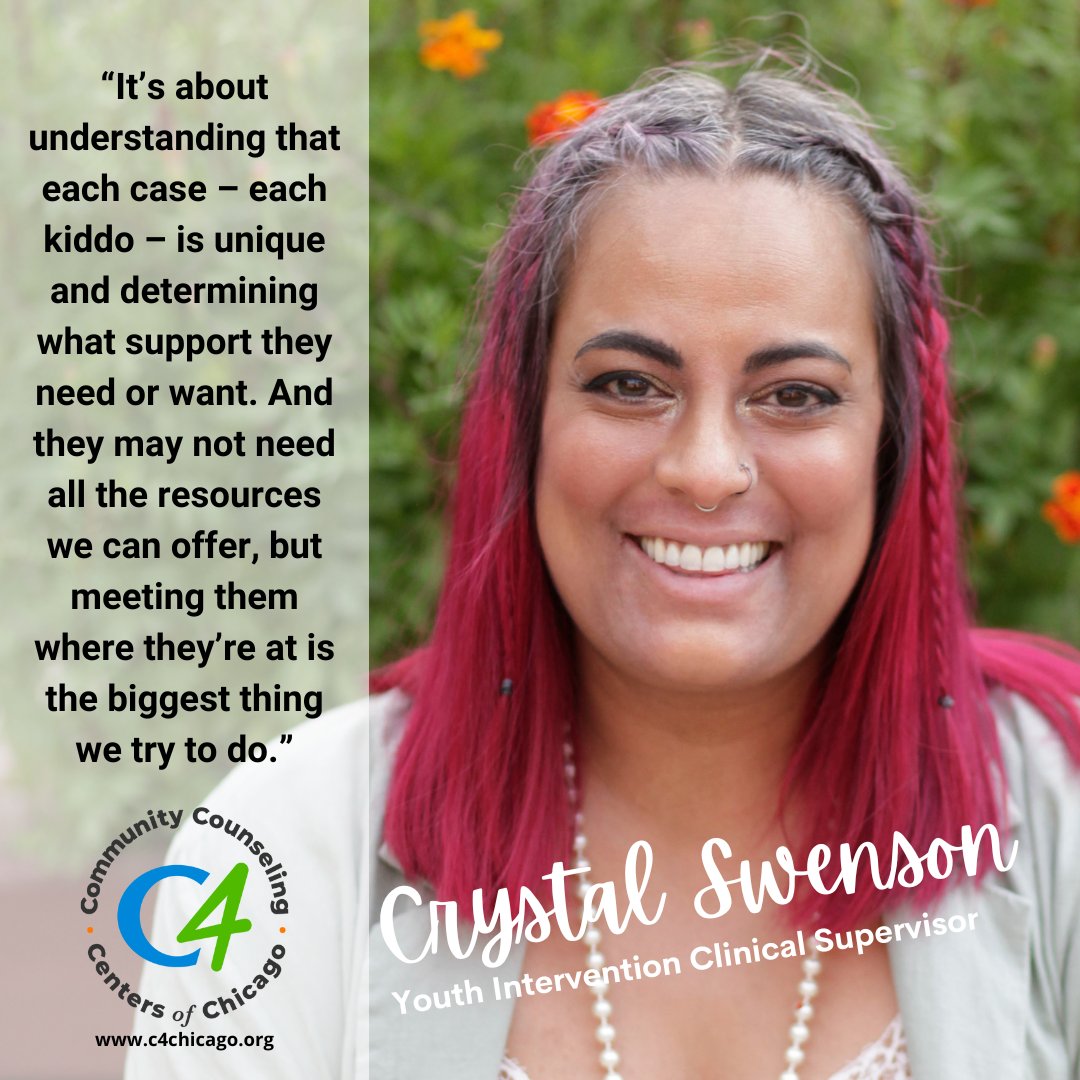 C4Chicago's tweet photo. Youth Intervention Clinical Supervisor Crystal Swenson challenges the narrative surrounding her program in this month’s Employee Spotlight. Read more on our website: https://t.co/ulUbG061gC 

#nonprofit #mentalhealth https://t.co/dDD4MHSdJe