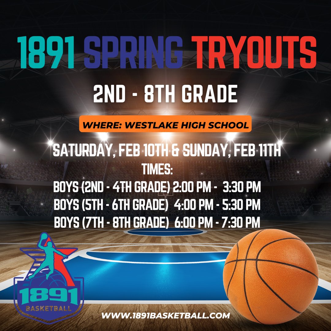🏀 We are thrilled to announce the upcoming 1891 Basketball Spring Tryouts at Westlake High School (competition gym). This event is open to players from 2nd to 8th grade who are passionate about the sport and ready to showcase their skills on the court.