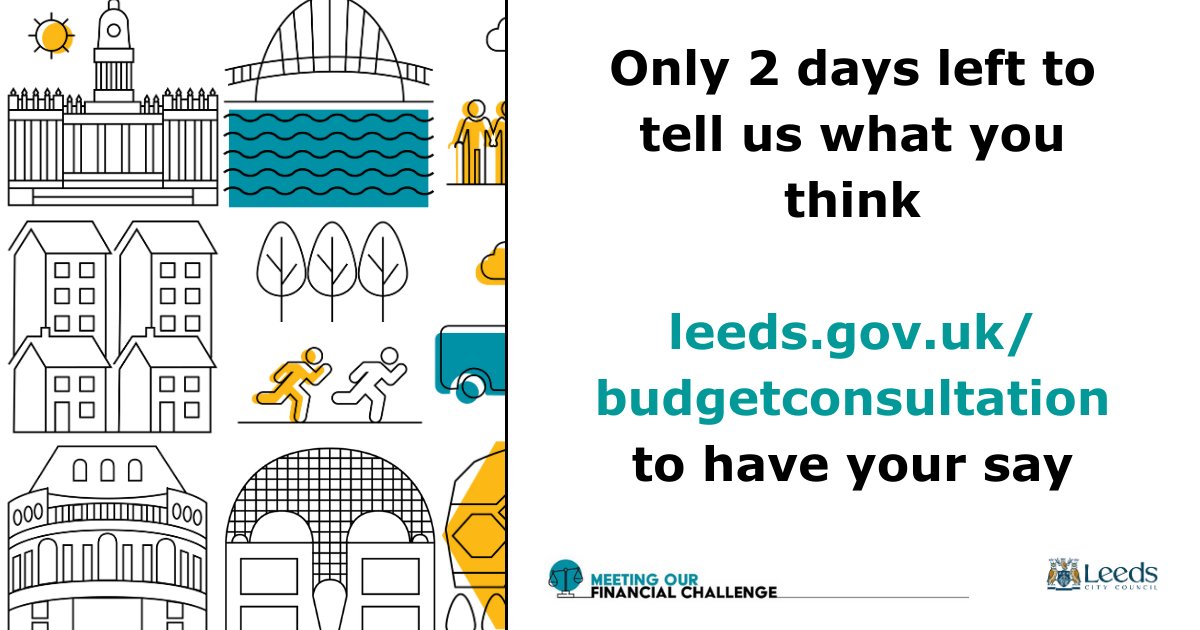 Our 2024/25 budget consultation closes in two days 🚨

Share your thoughts on a variety of topics, including our proposals to use the 2024/25 budget.

Have your say today 👇 
orlo.uk/griFC 

#LeedsBudgetConsultation