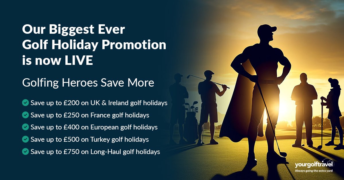 Ready to save up to £750 on your next golf trip? Be the hero your golf group needs this January! @yourgolftravel 👉 yourgolftravel.com/promotions/gol…