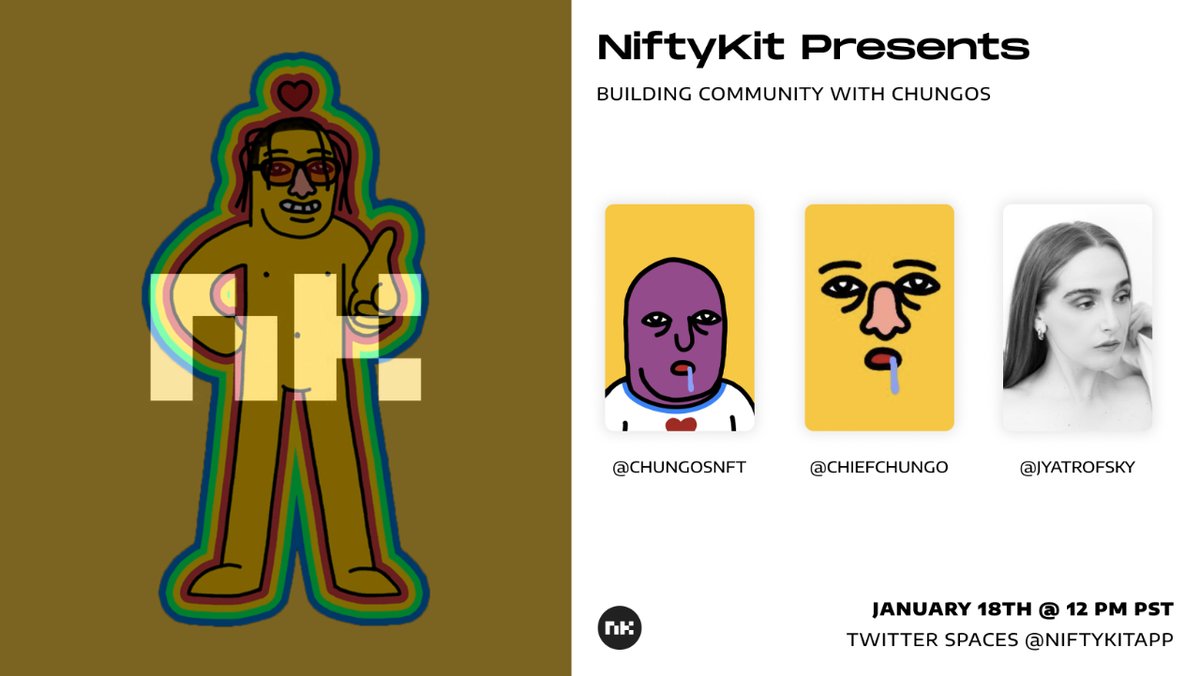 📢 Building Community with <a href="/ChungosNFT/">🗿CHUNGOS 🗿</a> <a href="/ChiefChungo/">Chief Chungo</a>
⏰ Friday, January 18th at 12pm PST / 3pm EST

Set Reminder 🔔👇
x.com/i/spaces/1RDxl…
