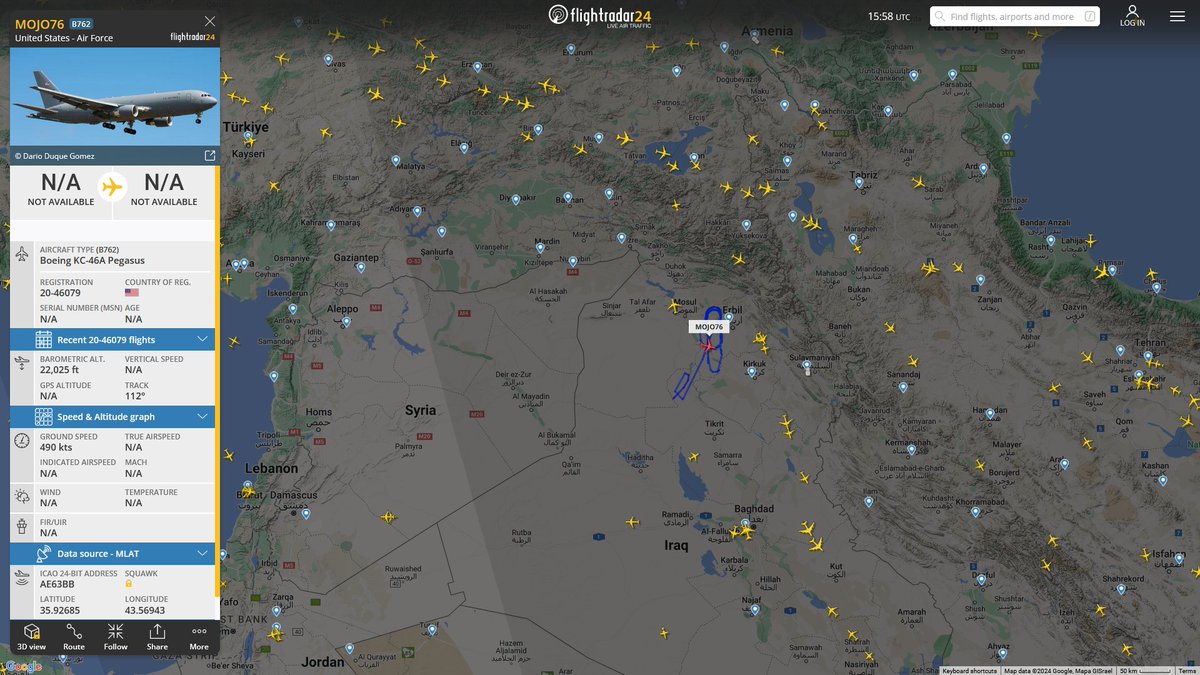 AIYeyENGDdJkjTr's tweet photo. Jan. 9, 2024
#Souda Bay NSA #Erbil Governorate, Iraq
#MOJO76 #AE63BB USAF KC-46A Pegasus https://t.co/sYxyxodP0g