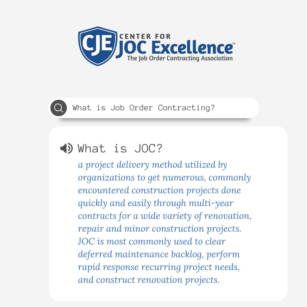 JOCExcellence's tweet photo. What is Job Order Contracting? JOC is a project delivery method utilized by organizations to get numerous, commonly encountered construction projects done quickly and easily through multi-year contracts for a wide variety of renovation, repair and minor construction projects. https://t.co/FT3OWYtMBI