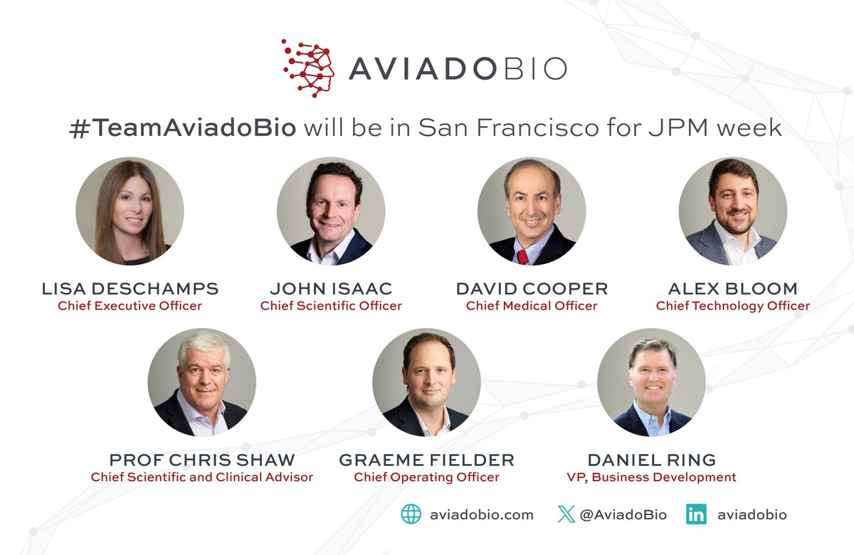 AviadoBio's tweet photo. We are in San Francisco for #JPM2024!

Interested in learning more about our potentially transformative gene therapies for people living with #FTD and #ALS? Reach out to a member of #TeamAviadoBio to set up a meeting!

#GeneTherapy #FrontotemporalDementia #AviadoBio #Biotech https://t.co/5ROyIHcJ2t