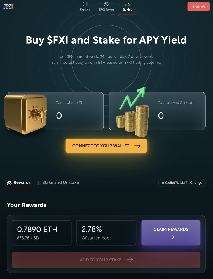 Here's a sneak peek at how our $FXI staking dashboard will look. 🤳

We have made it so that our #staking is easily accessible for all holders and the process of staking your FXI is one of the smoothest processes' in the #web3 space.

Staking will be live within the next week! 📆