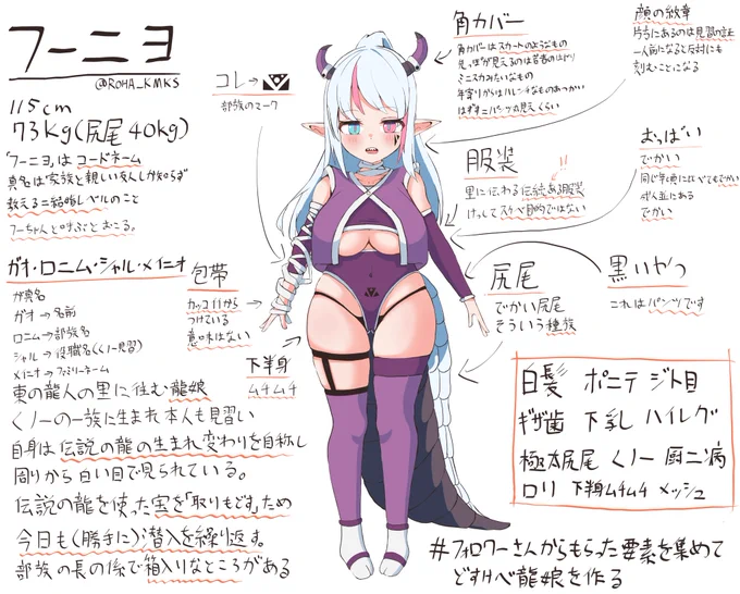 #フォロワーさんからもらった要素を集めてどすけべ龍娘を作る 
で生まれた子
下半身むちむち白髪くノ一ロリ龍娘
フーニヨちゃんです 