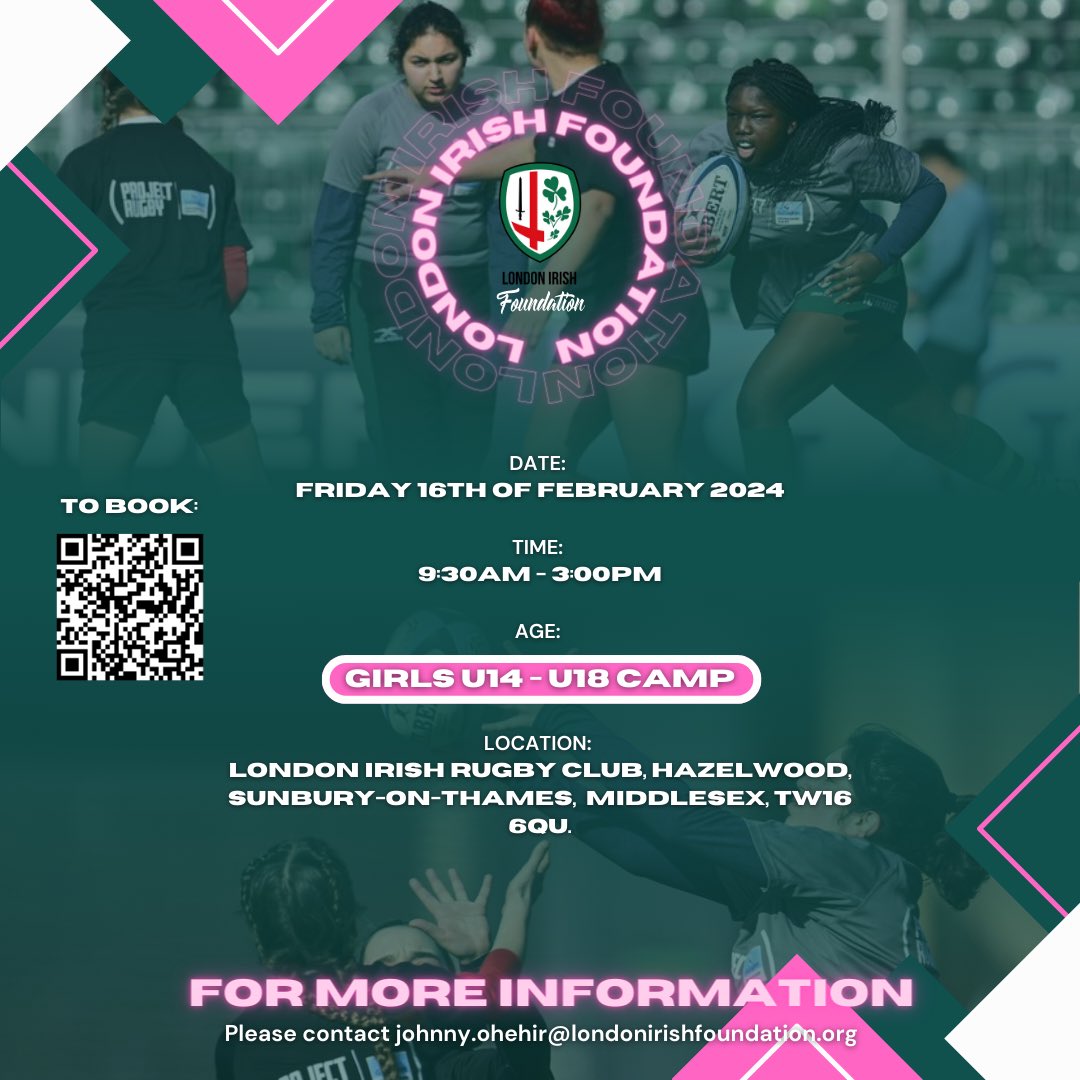 LIFoundation's tweet photo. Big News ! 🔥

On the 16th of February the London Irish Foundation will be hosting a rugby camp for Girls aged 14-18.

For more information please contact:

johnny.ohehir@londonirishfoundation.org

@liscrugby @londonirisharfc @hazelwood_centre 

#londonirishfoundation #rugby https://t.co/zTzCoUUnku