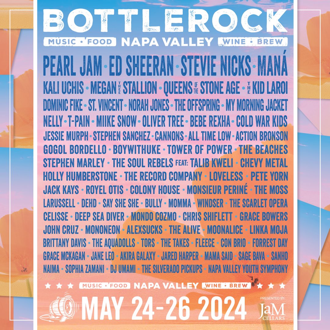 24-26 de mayo 2024. Napa Valley- California. Ahora si, ya se armó en @bottlerocknapa Muy emocionados de compartir nuestra música en este escenario. Los boletos para el festival salen a la venta mañana a las 10am PT Boletos: bit.ly/492N03N