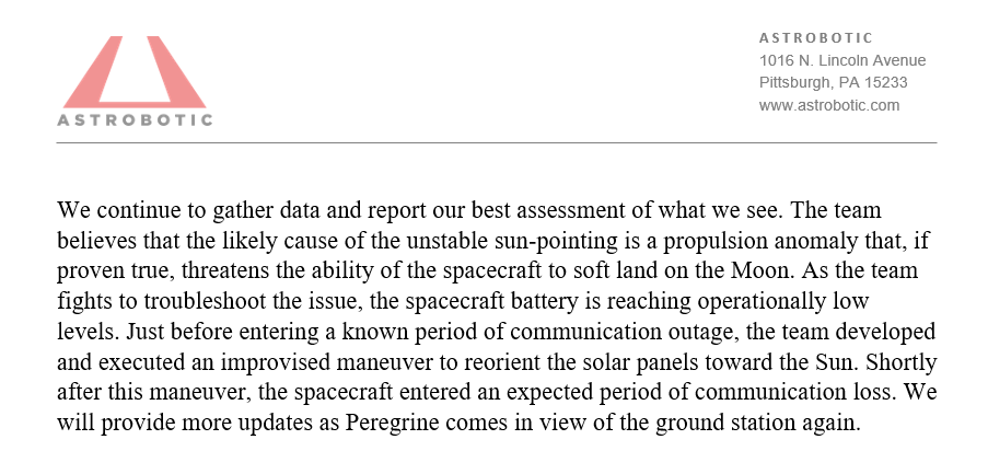 Update #2 on Peregrine Mission One: